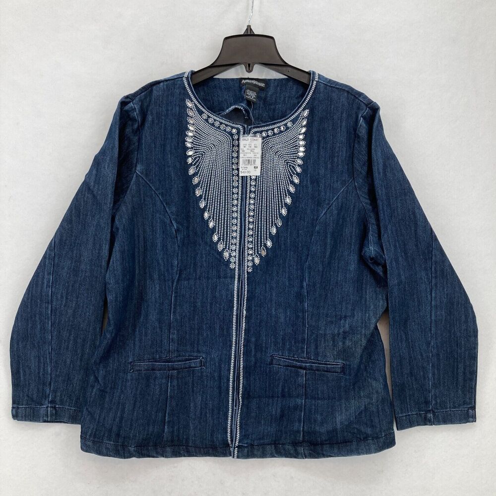 Ashley Stewart Women's 16 Denim Jacket Beaded‎ Embellished Long Sleeve Zip Front